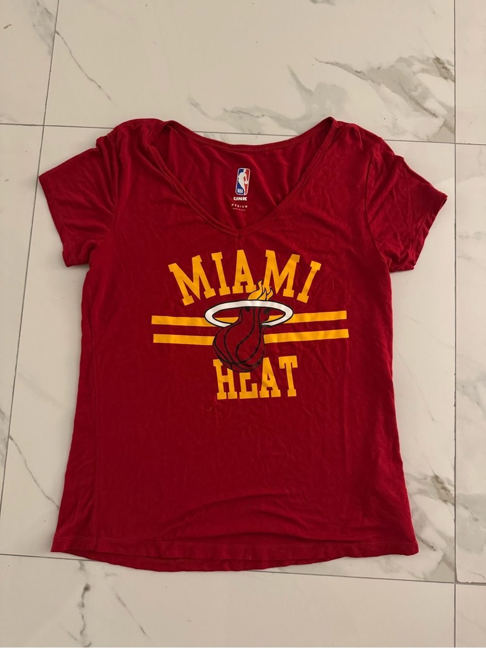 NBA Miami Heat Women's Red V-Neck Tee with Yellow Logo